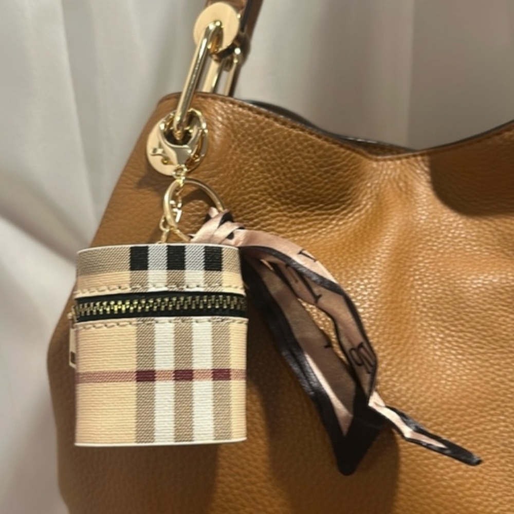 Plaid Pattern Purse Charm Key Chain Pouch with Scarf Accent - Picture 5 of 5